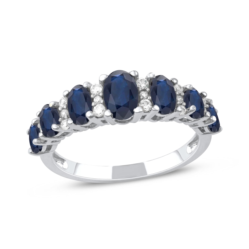 Oval Blue Sapphire and 0.15 CT. T.W. Diamond Graduated Seven Stone Alternating Trios Ring in 10K White Gold