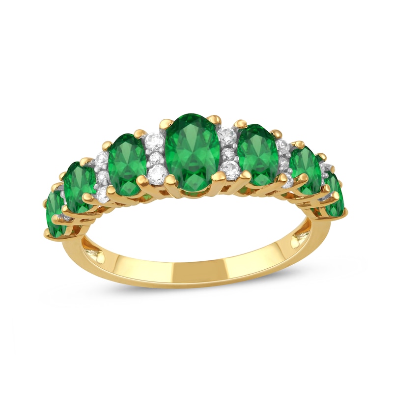 Oval Emerald and 0.13 CT. T.W. Diamond Graduated Seven Stone Alternating Trios Ring in 10K Gold