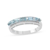 Thumbnail Image 0 of Sideways Baguette Swiss Blue Topaz and 0.12 CT. T.W. Diamond Border Five Stone Triple Row Ring in 10K White Gold