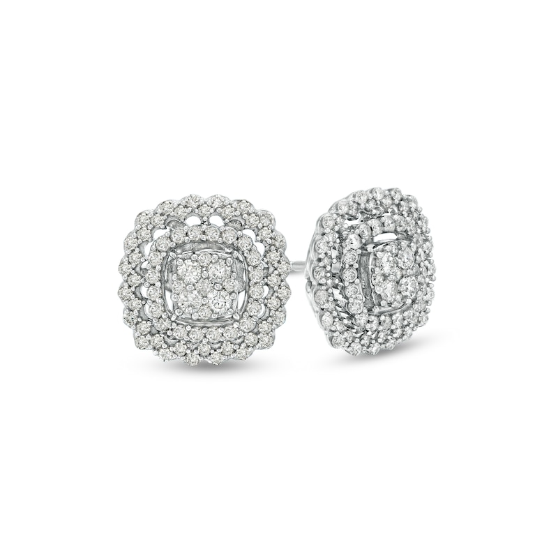 1.00 CT. T.W. Composite Diamond Double Cushion Scallop Frame Stud Earrings in 10K White Gold