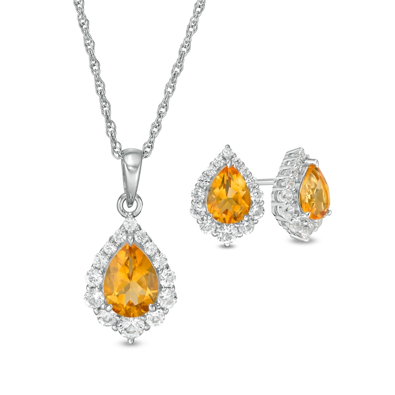 Pear-Shaped Citrine and Lab-Created White Sapphire Frame Pendant and Stud Earrings Set in Sterling Silver|Peoples Jewellers