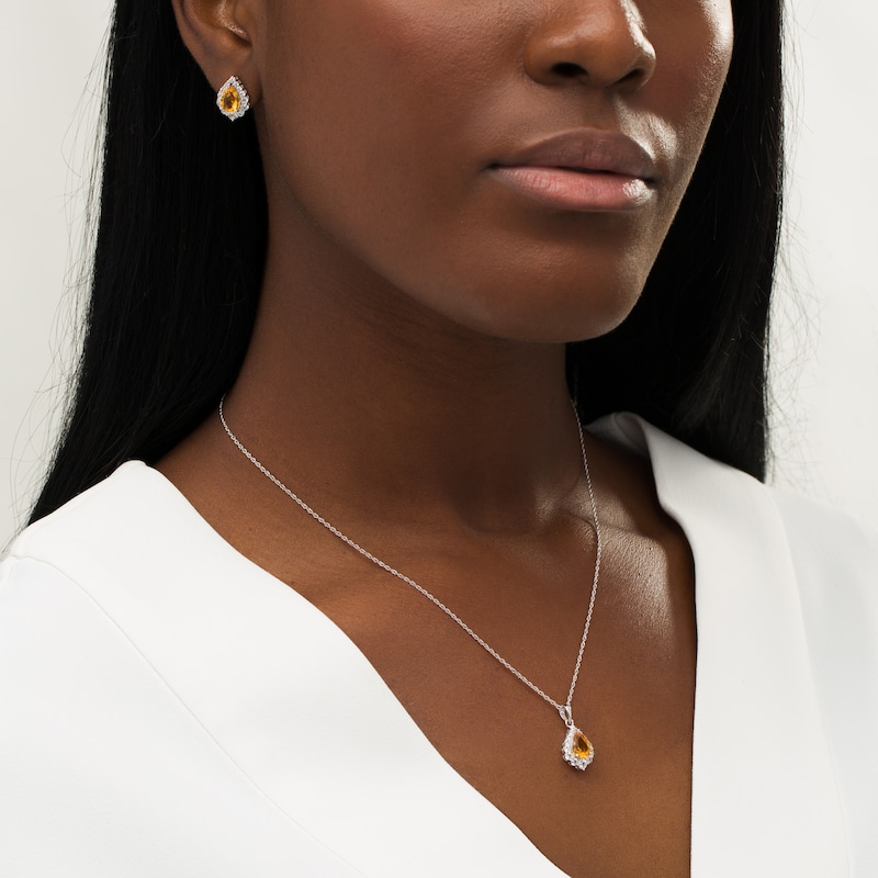 Pear-Shaped Citrine and Lab-Created White Sapphire Frame Pendant and Stud Earrings Set in Sterling Silver