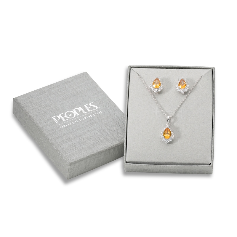 Pear-Shaped Citrine and Lab-Created White Sapphire Frame Pendant and Stud Earrings Set in Sterling Silver
