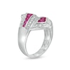 Thumbnail Image 2 of Graduated Lab-Created Ruby and White Sapphire Triple Row Bypass Loop Ribbon Ring in Sterling Silver