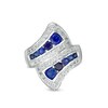 Thumbnail Image 0 of Graduated Lab-Created Blue and White Sapphire Triple Row Bypass Loop Ribbon Ring in Sterling Silver