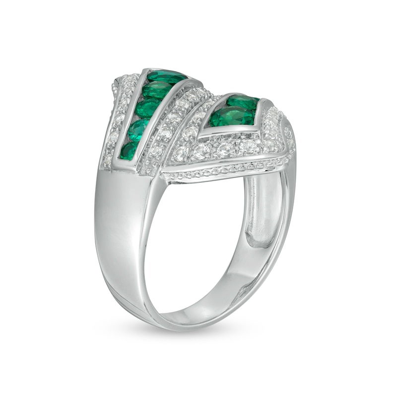 Graduated Lab-Created Emerald and White Sapphire Triple Row Bypass Loop Ribbon Ring in Sterling Silver