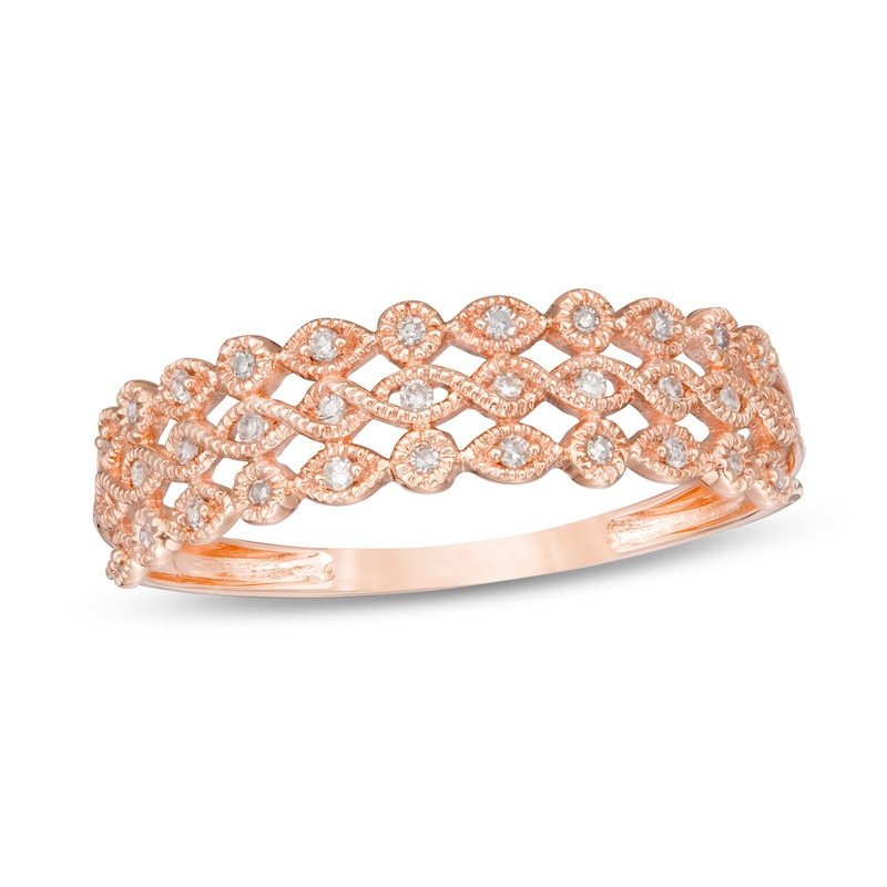 Main Image 1 of 0.065 CT. T.W. Diamond Triple Row Vintage-Style Art Deco Ring in 10K Rose Gold