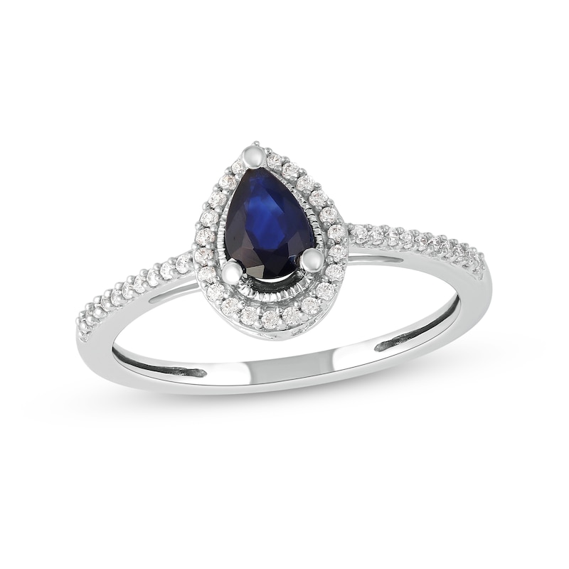 Main Image 1 of Pear-Shaped Blue Sapphire and 0.09 CT. T.W. Diamond Frame Vintage-Style Ring in 10K White Gold