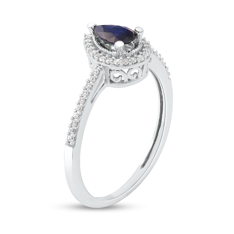 Main Image 2 of Pear-Shaped Blue Sapphire and 0.09 CT. T.W. Diamond Frame Vintage-Style Ring in 10K White Gold
