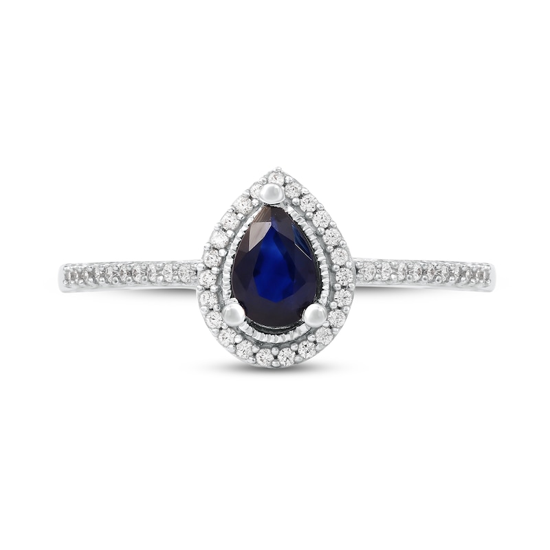 Pear-Shaped Blue Sapphire and 0.10 CT. T.W. Diamond Frame Vintage-Style Ring in 10K White Gold