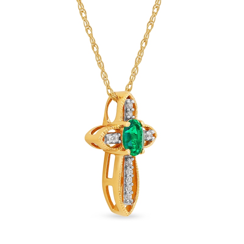Main Image 2 of Oval Emerald and Diamond Accent Open Frame Vintage-Style Cross Pendant in 10K Gold