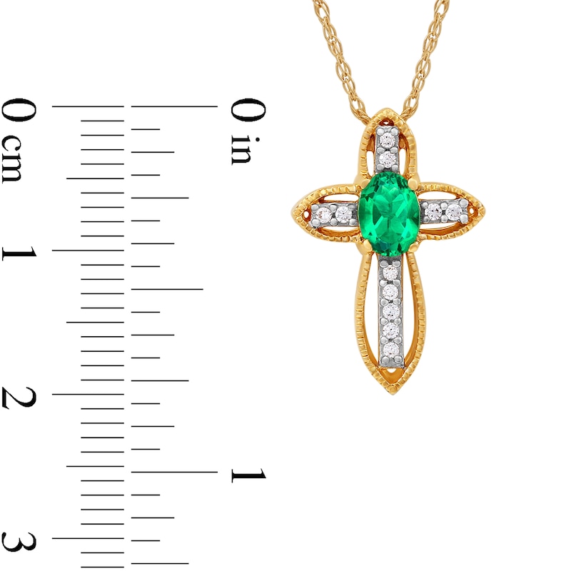 Main Image 4 of Oval Emerald and Diamond Accent Open Frame Vintage-Style Cross Pendant in 10K Gold