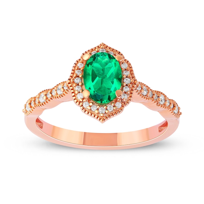 Oval Emerald and 0.16 CT. T.W. Diamond Quatrefoil Frame Vintage-Style Ring in 10K Rose Gold