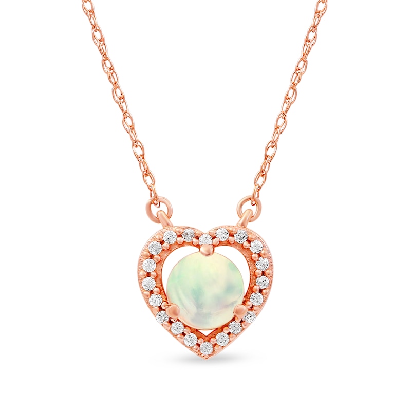 5.0mm Opal and 0.08 CT. T.W. Diamond Open Frame Vintage-Style Heart Necklace in 10K Rose Gold