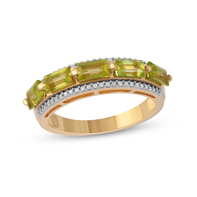 Sideways Baguette Peridot and 0.15 CT. T.W. Diamond Border Five Stone Ring in 10K Gold