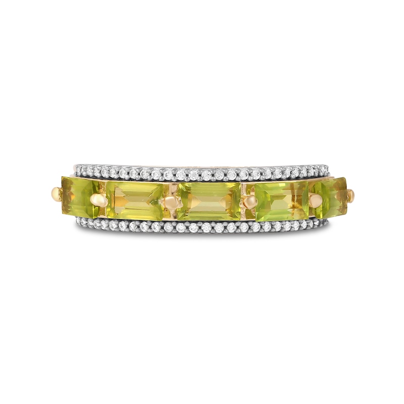 Sideways Baguette Peridot and 0.15 CT. T.W. Diamond Border Five Stone Ring in 10K Gold