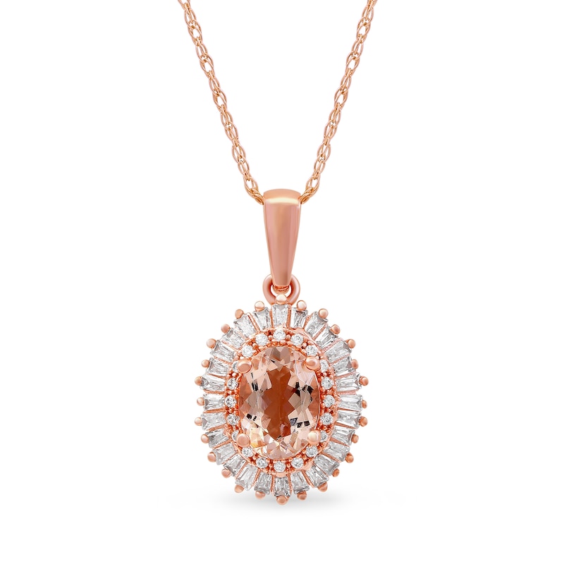 Oval Morganite and 0.25 CT. T.W. Diamond Starburst Double Frame Pendant in 10K Rose Gold|Peoples Jewellers