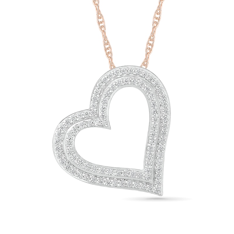 0.95 CT. T.W. Diamond Double Row Tilted Heart Pendant in 10K Rose Gold