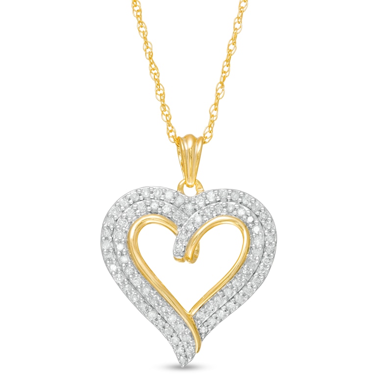 0.45 CT. T.W. Diamond Double Row Curly Heart Pendant in 10K Gold