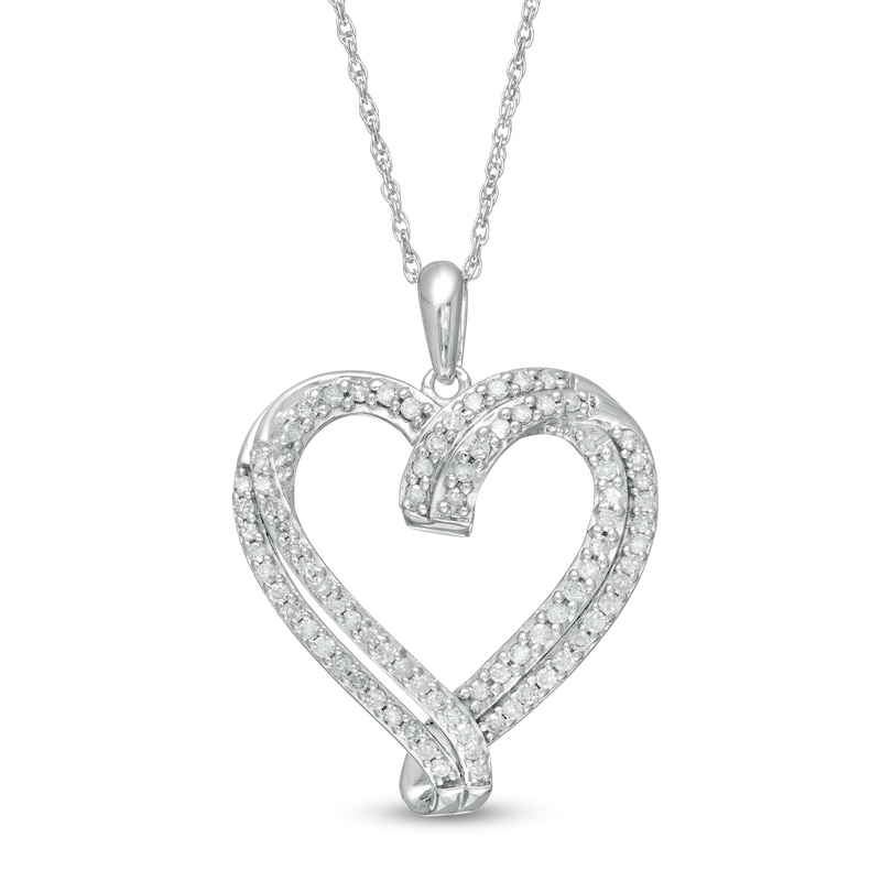 0.45 CT. T.W. Diamond Double Row Ribbon Heart Pendant in 10K White Gold