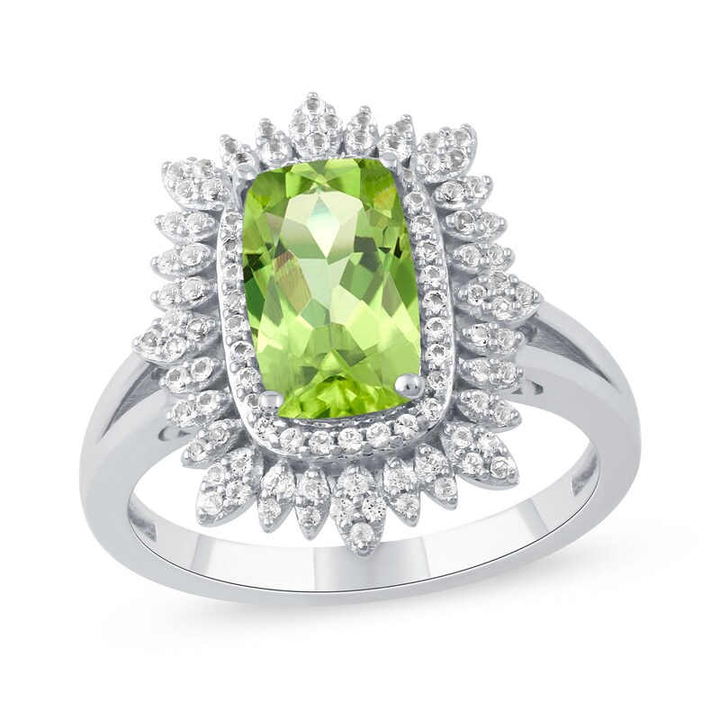 Cushion-Cut Peridot and White Topaz Floral Frame Split Shank Ring in 10K White Gold