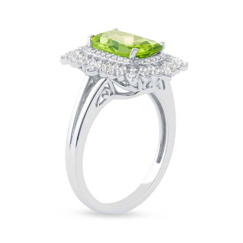 Cushion-Cut Peridot and White Topaz Floral Frame Split Shank Ring in 10K White Gold