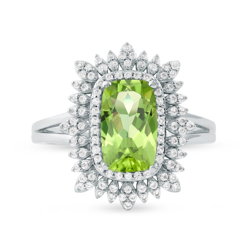 Cushion-Cut Peridot and White Topaz Floral Frame Split Shank Ring in 10K White Gold