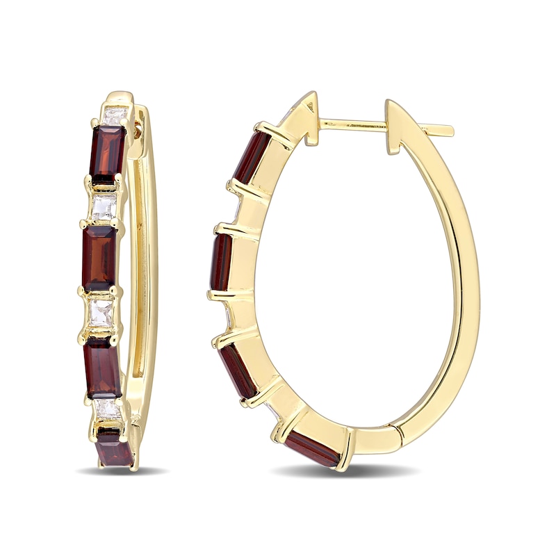 Main Image 1 of Baguette Garnet and White Topaz Alternating Oval Hoop Earrings in Sterling Silver with Yellow Rhodium