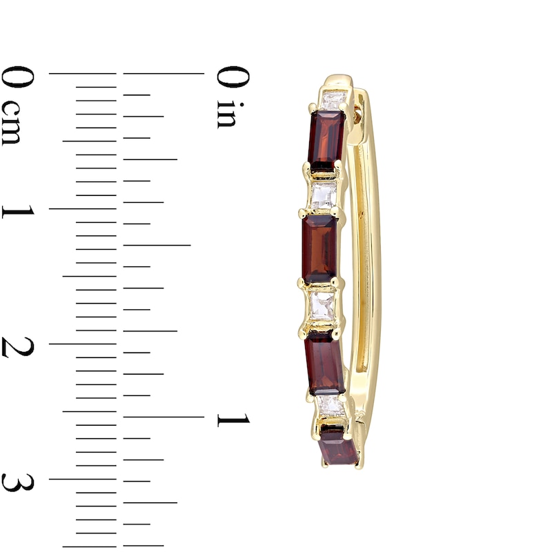 Main Image 3 of Baguette Garnet and White Topaz Alternating Oval Hoop Earrings in Sterling Silver with Yellow Rhodium