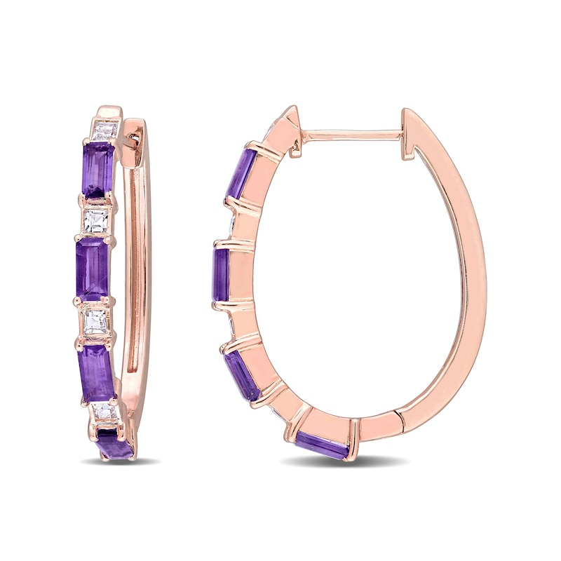 Main Image 1 of Baguette Amethyst and White Topaz Alternating Oval Hoop Earrings in Sterling Silver with Rose Rhodium