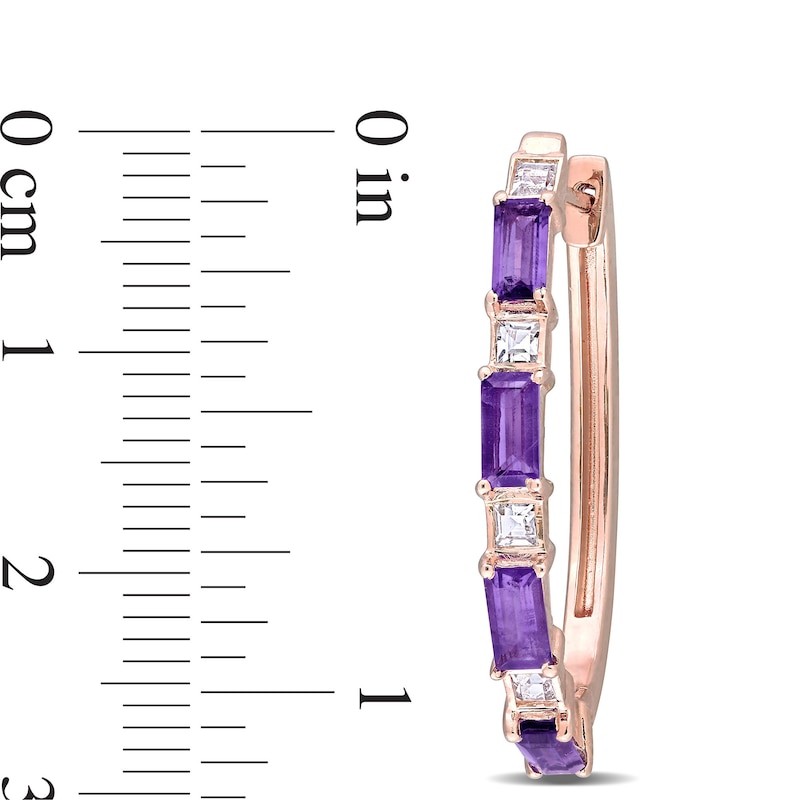 Baguette Amethyst and White Topaz Alternating Oval Hoop Earrings in Sterling Silver with Rose Rhodium