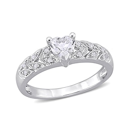 5.0mm Heart-Shaped Lab-Created White Sapphire and 0.06 CT. T.W. Diamond Leaf-Sides Vintage-Style Ring in Sterling Silver