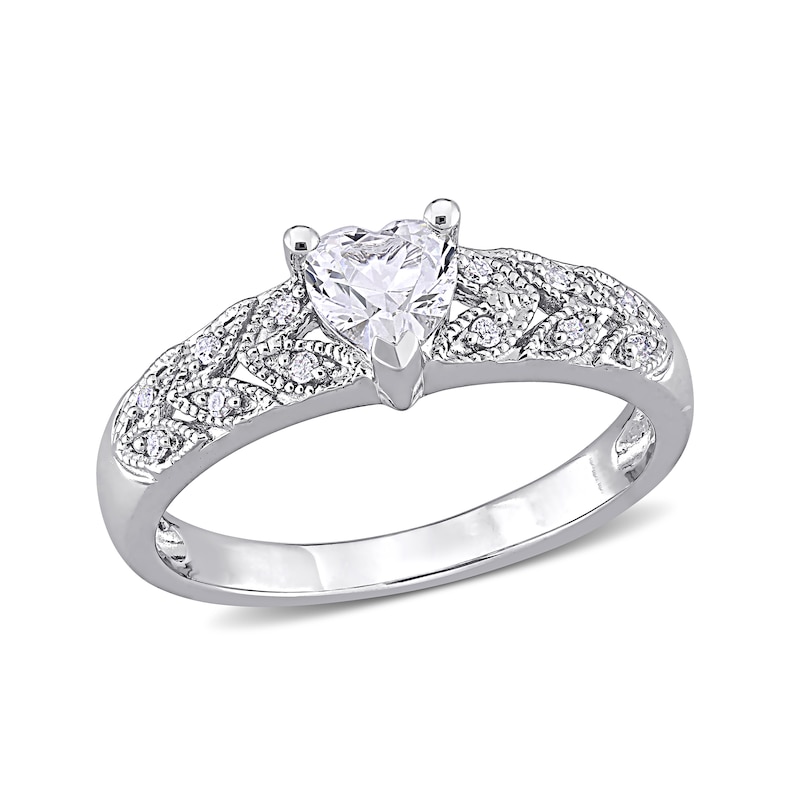 Main Image 1 of 5.0mm Heart-Shaped Lab-Created White Sapphire and 0.06 CT. T.W. Diamond Leaf-Sides Vintage-Style Ring in Sterling Silver