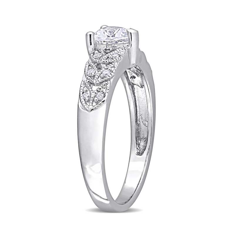 Main Image 3 of 5.0mm Heart-Shaped Lab-Created White Sapphire and 0.06 CT. T.W. Diamond Leaf-Sides Vintage-Style Ring in Sterling Silver