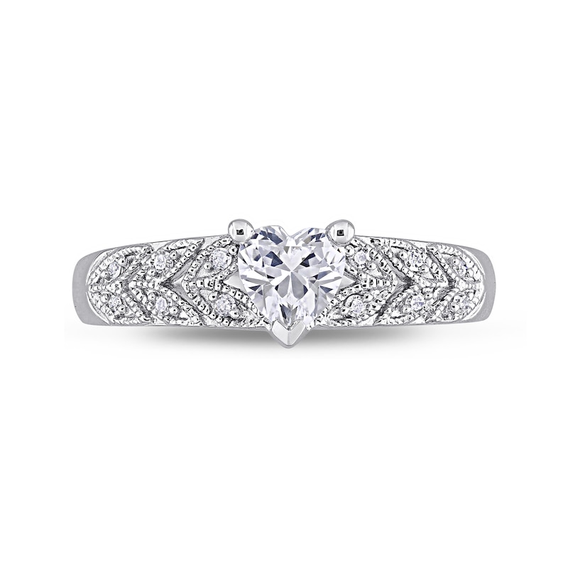 Main Image 4 of 5.0mm Heart-Shaped Lab-Created White Sapphire and 0.06 CT. T.W. Diamond Leaf-Sides Vintage-Style Ring in Sterling Silver