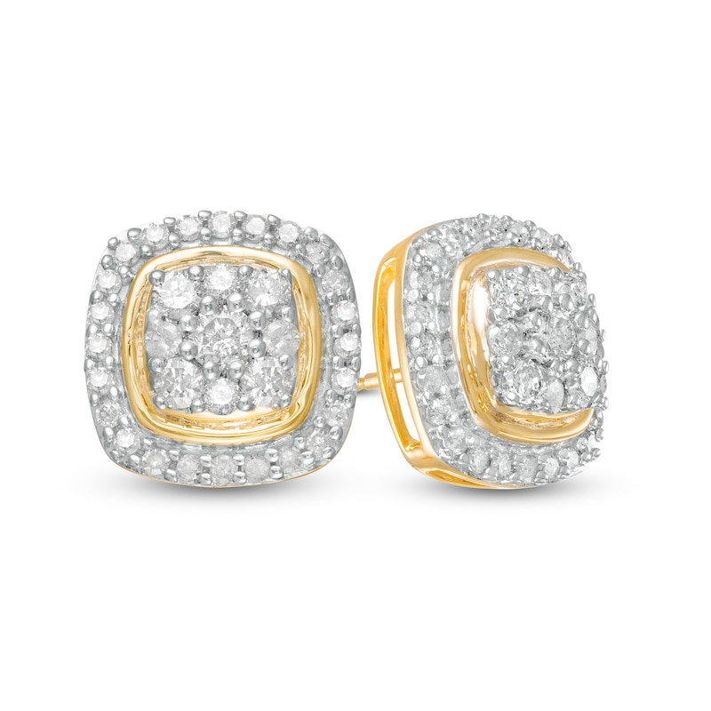 0.95 CT. T.W. Cushion-Shaped Multi-Diamond Frame Stud Earrings in 10K Gold|Peoples Jewellers