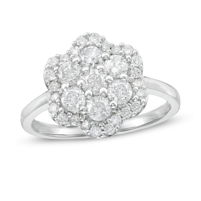 0.95 CT. T.W. Composite Diamond Flower Frame Ring in 10K White Gold