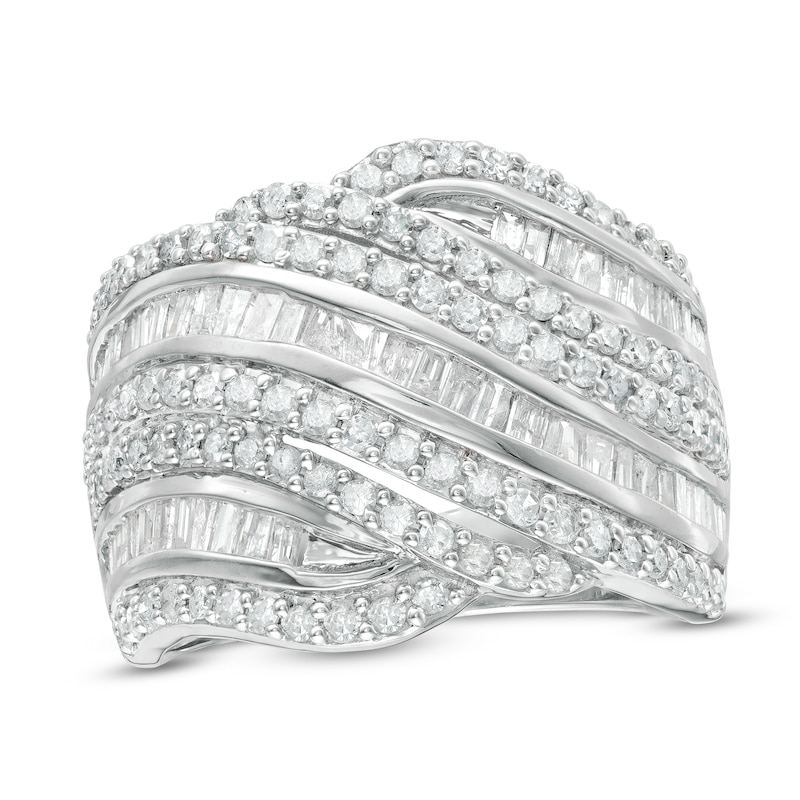 1.45 CT. T.W. Baguette and Round Diamond Alternating Waves Ring in 10K White Gold