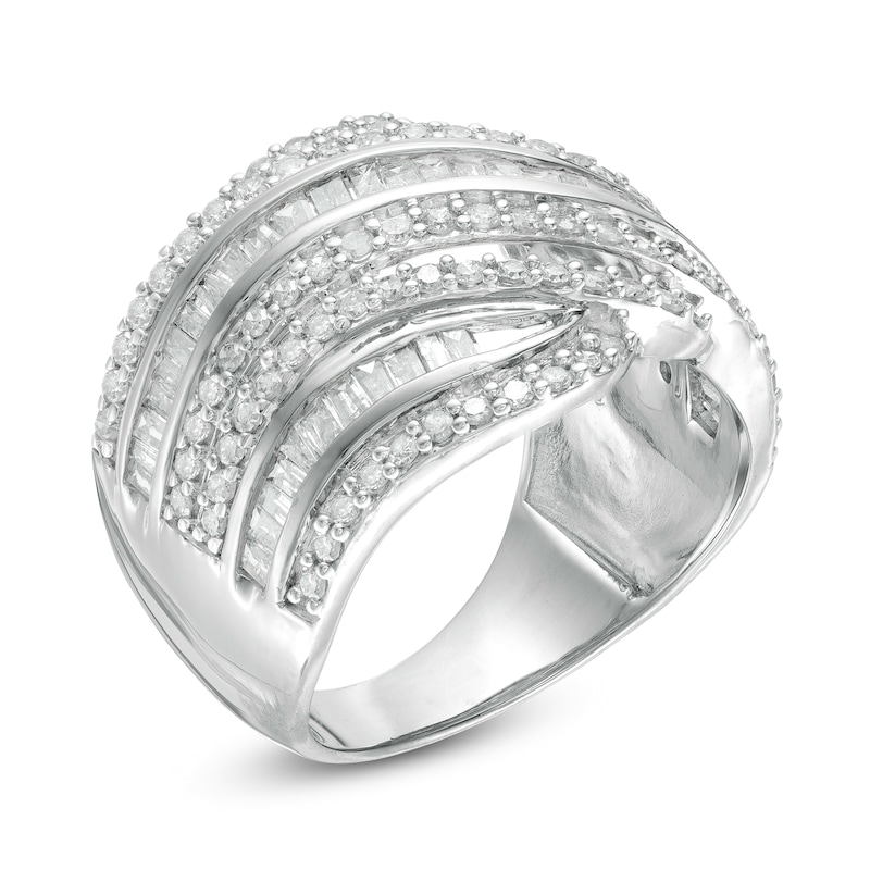 1.45 CT. T.W. Baguette and Round Diamond Alternating Waves Ring in 10K White Gold