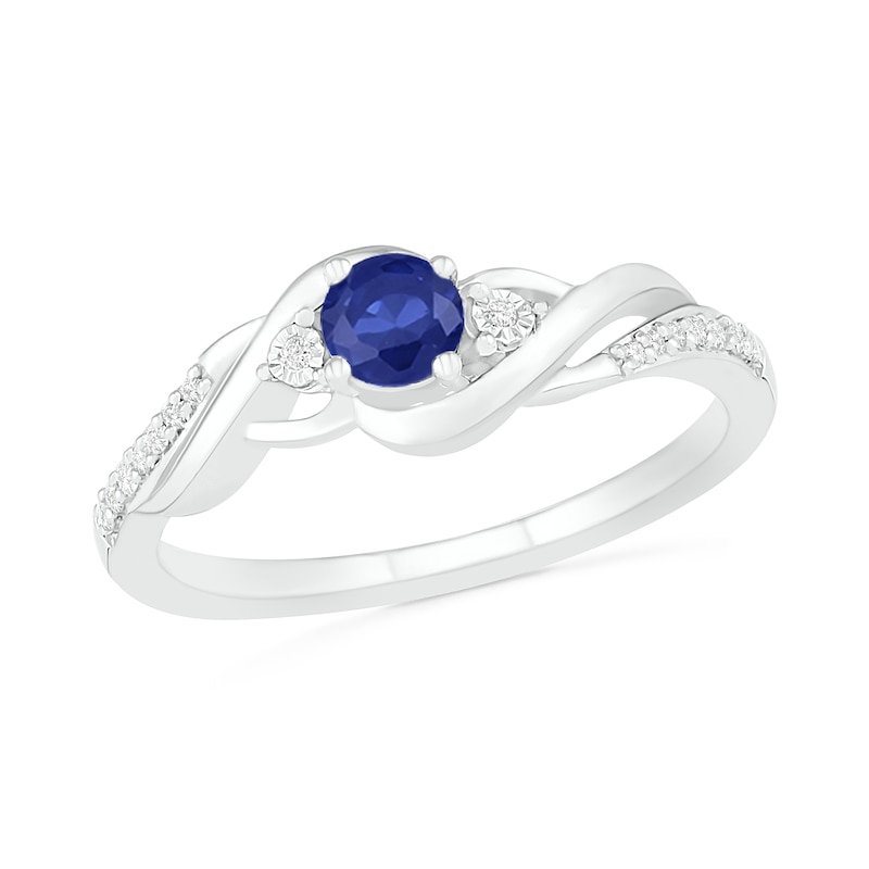 4.0mm Lab-Created Blue Sapphire and 0.04 CT. T.W. Diamond Bypass Twist Shank Ring in Sterling Silver