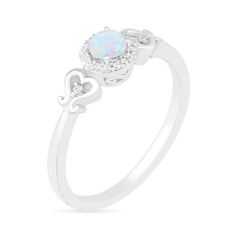 4.0mm Lab-Created Opal and 0.04 CT. T.W. Diamond Frame Filigree Heart-Sides Ring in Sterling Silver