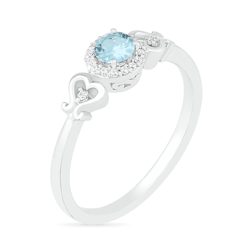 4.0mm Aquamarine and 0.04 CT. T.W. Diamond Frame Filigree Heart-Sides Ring in Sterling Silver