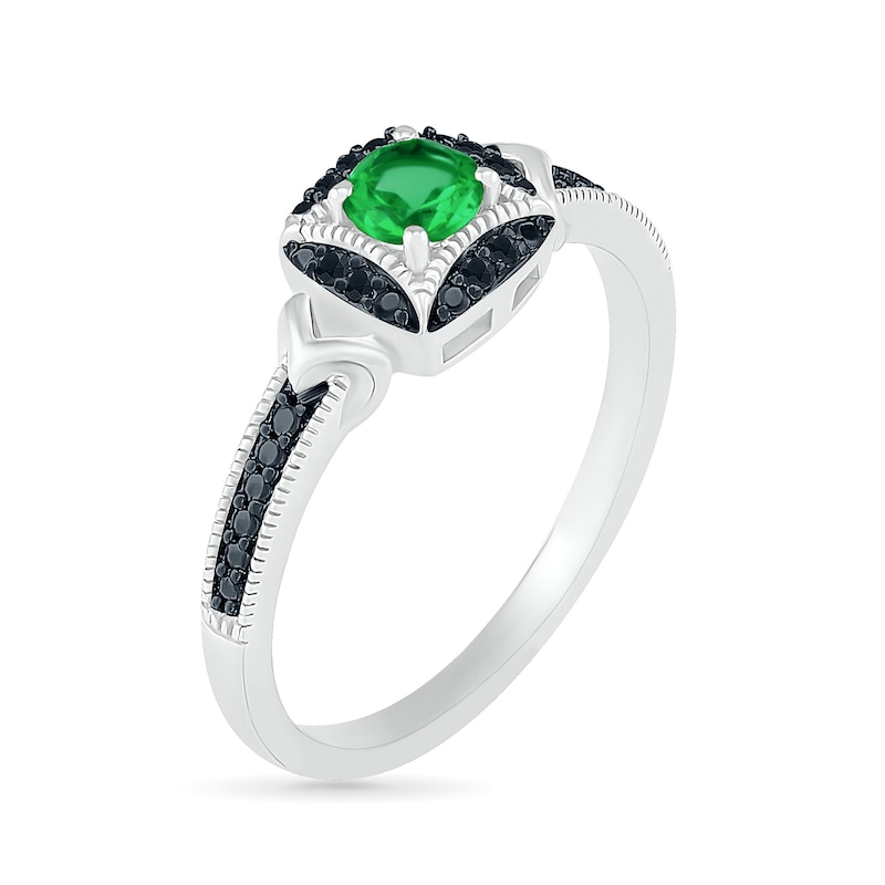 Main Image 2 of 4.0mm Lab-Created Emerald and 0.04 CT. T.W. Black Diamond Cushion Frame Vintage-Style Ring in Sterling Silver