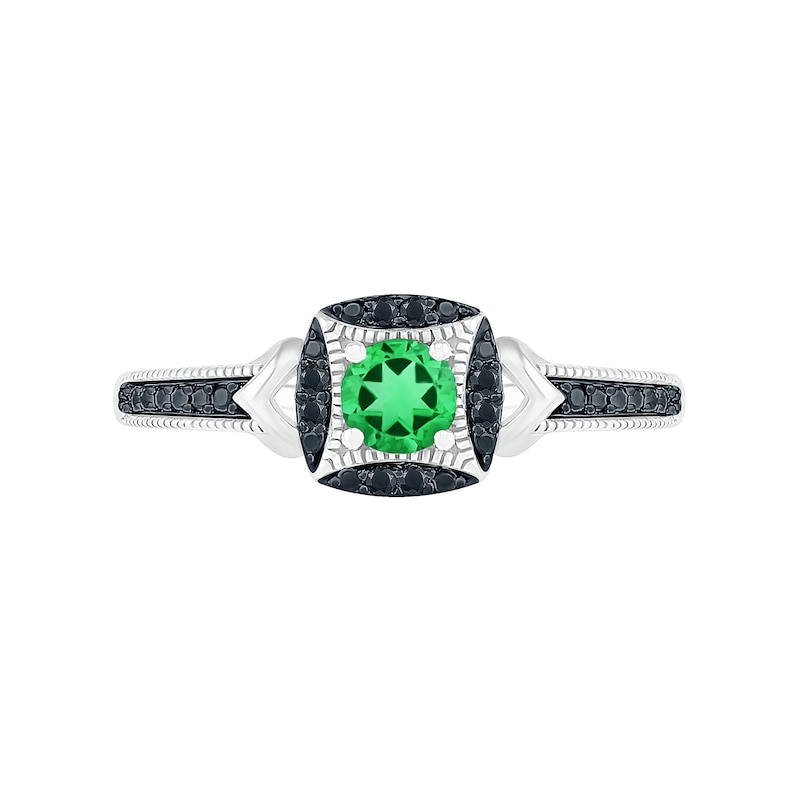 Main Image 3 of 4.0mm Lab-Created Emerald and 0.04 CT. T.W. Black Diamond Cushion Frame Vintage-Style Ring in Sterling Silver