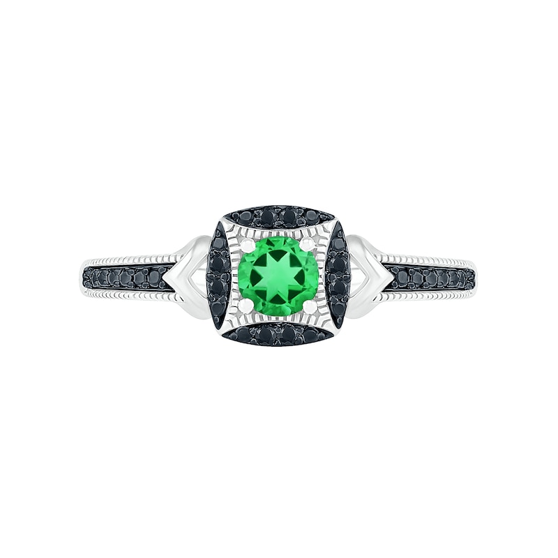 4.0mm Lab-Created Emerald and 0.04 CT. T.W. Black Diamond Cushion Frame Vintage-Style Ring in Sterling Silver