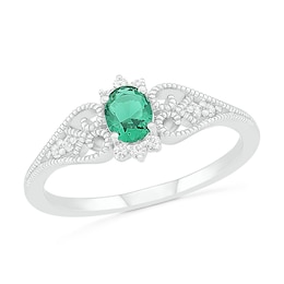 Oval Lab-Created Emerald and White Sapphire Border Filigree Heart Split Shank Vintage-Style Ring in Sterling Silver