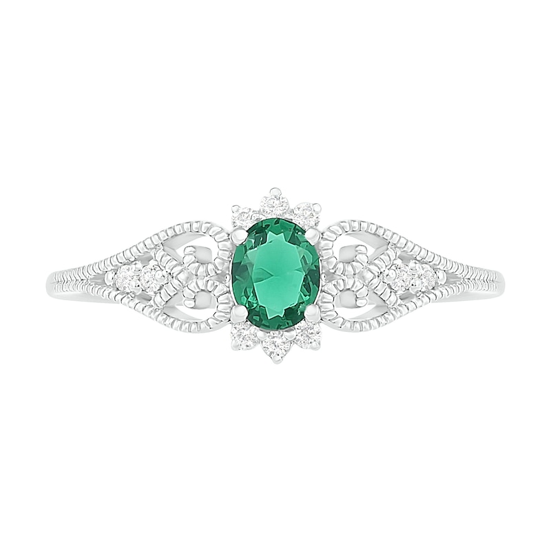 Main Image 3 of Oval Lab-Created Emerald and White Sapphire Border Filigree Heart Split Shank Vintage-Style Ring in Sterling Silver
