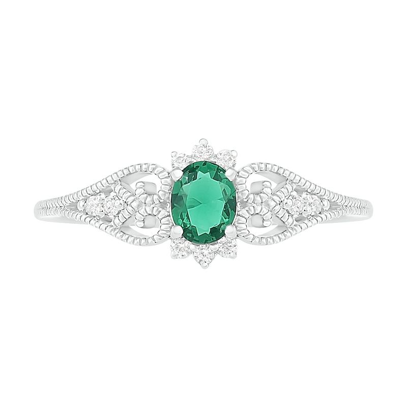 Oval Lab-Created Emerald and White Sapphire Border Filigree Heart Split Shank Vintage-Style Ring in Sterling Silver