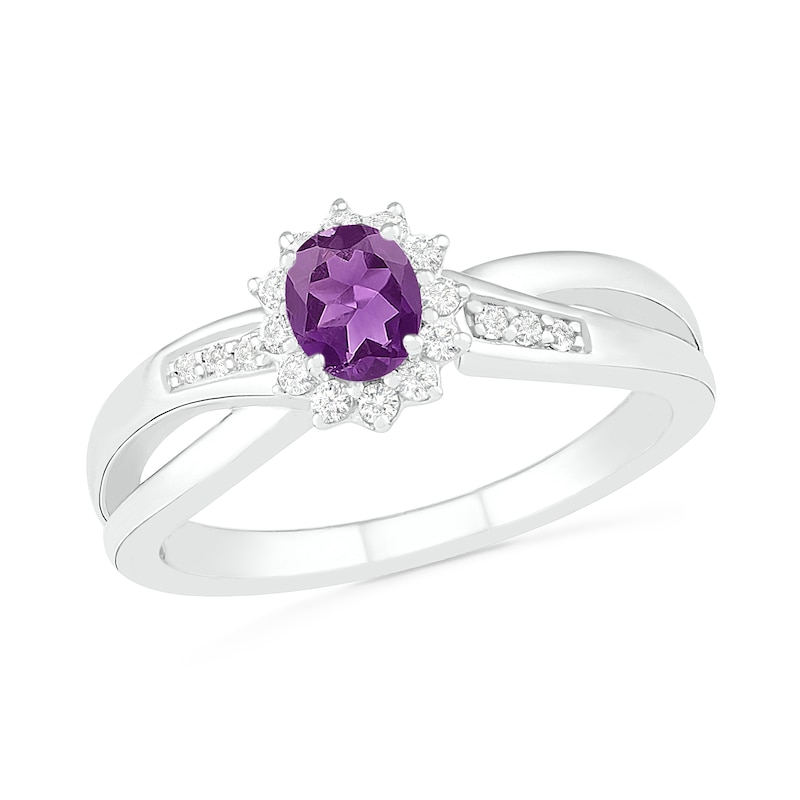 Main Image 1 of Oval Amethyst and Lab-Created White Sapphire Starburst Frame Crossover Split Shank Ring in Sterling Silver