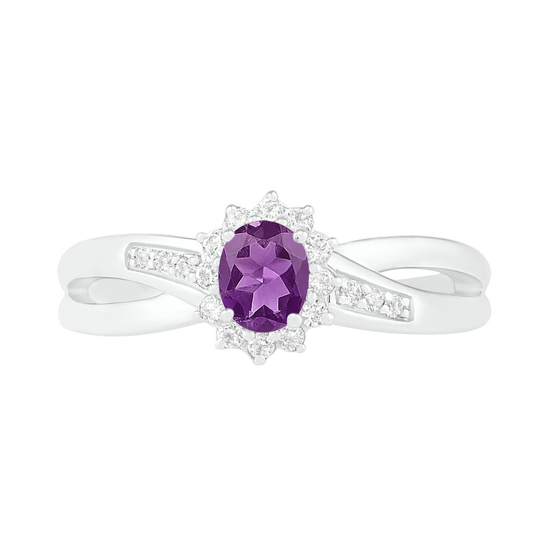 Main Image 3 of Oval Amethyst and Lab-Created White Sapphire Starburst Frame Crossover Split Shank Ring in Sterling Silver
